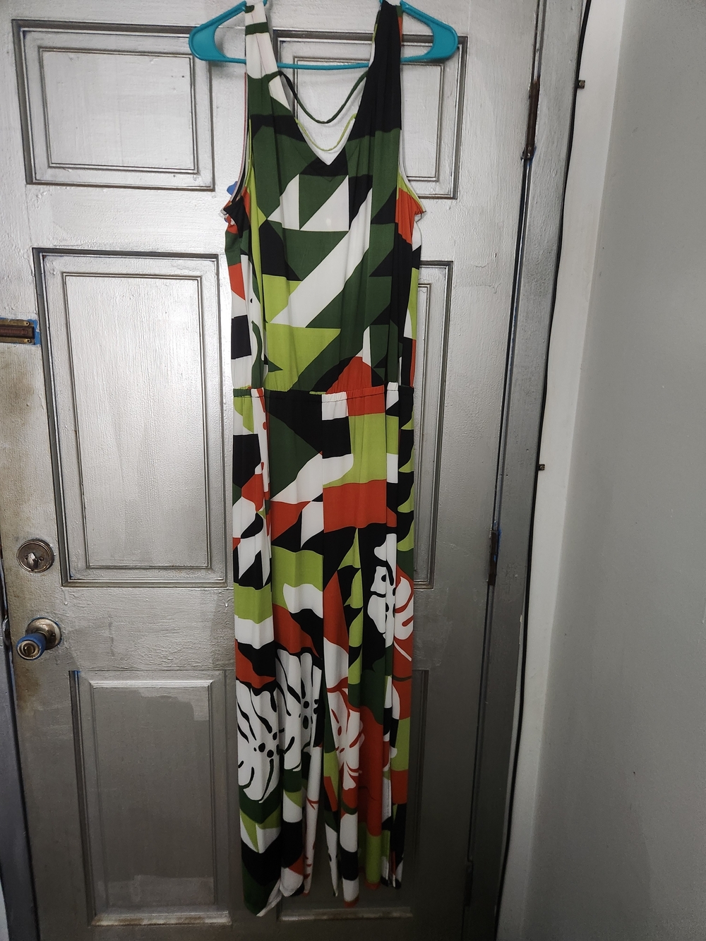 Ashley Stewart Green Multi-Color Sleeveless Maxi Jumpsuit with Geometric Print